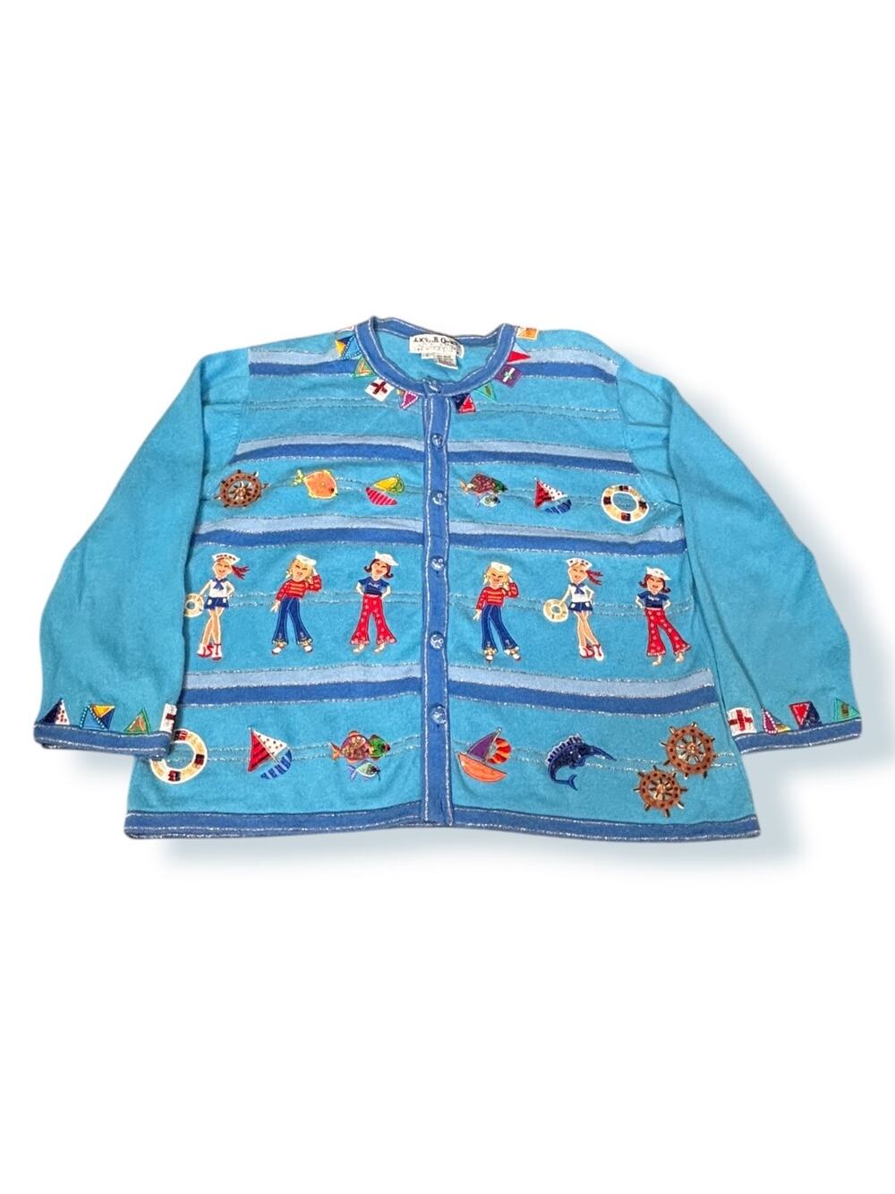 Vintage Nautical Sailor Cardigan Beaded Embroidered Sweater Coastal Novelty Knit